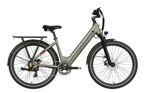 Brown MOKWHEEL Asphalt ST 500W step-thru urban electric beach cruiser eBike with 27.5x2.4 tires, shown in product image.
