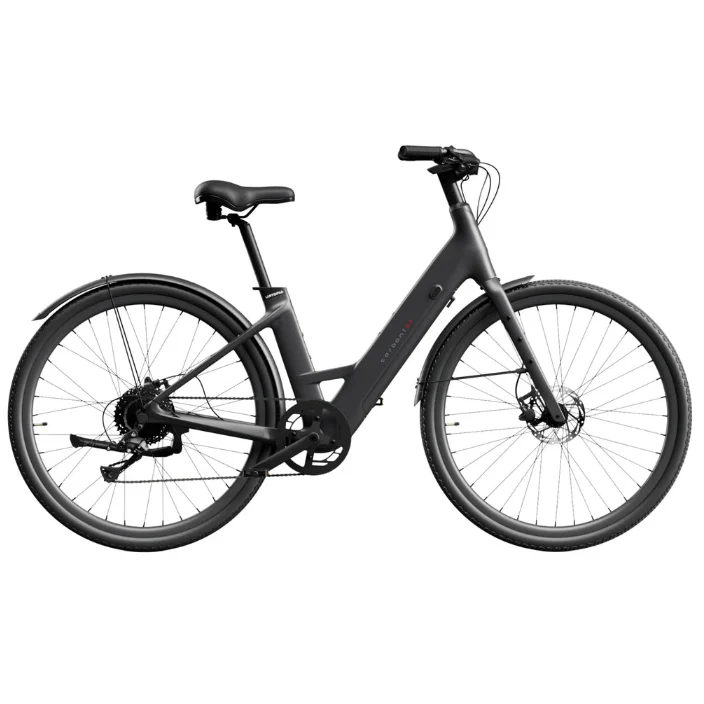 Matte black Urtopia Carbon 1 Step Thru eBike, side view, against a plain background