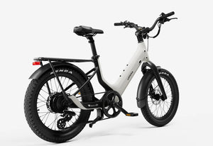Side view of the Urtopia Carbon Joy Ultra eBike in Creme color, showcasing its sleek carbon frame, integrated battery, and modern design against a plain background.