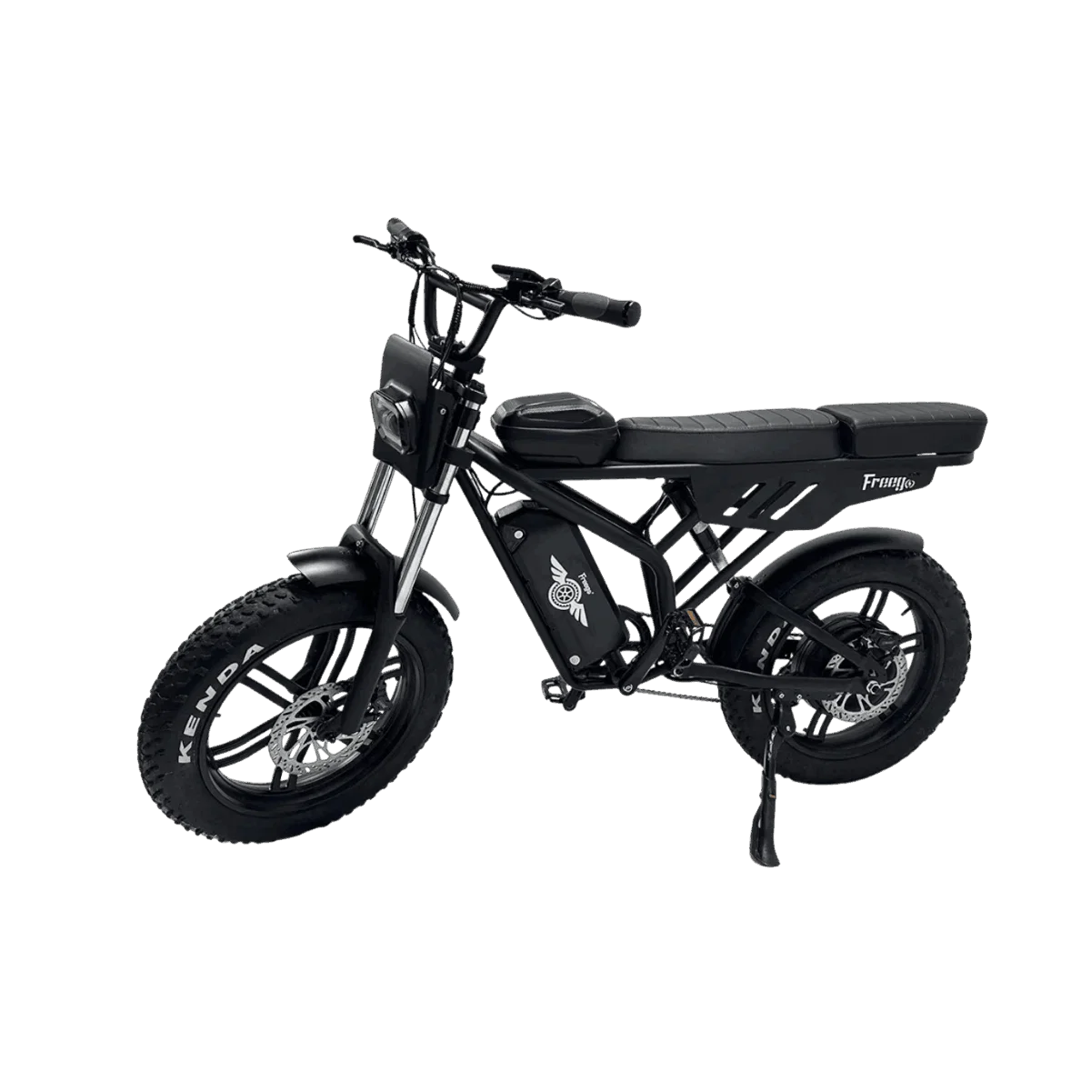 Electric fat tire bike, eMOTO Freego Shotgun F2 Pro Max Prime, side view, black frame, thick tires, front suspension, and battery pack visible.