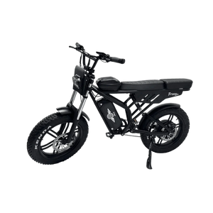 Electric fat tire bike, eMOTO Freego Shotgun F2 Pro Max Prime, side view, black frame, thick tires, front suspension, and battery pack visible.