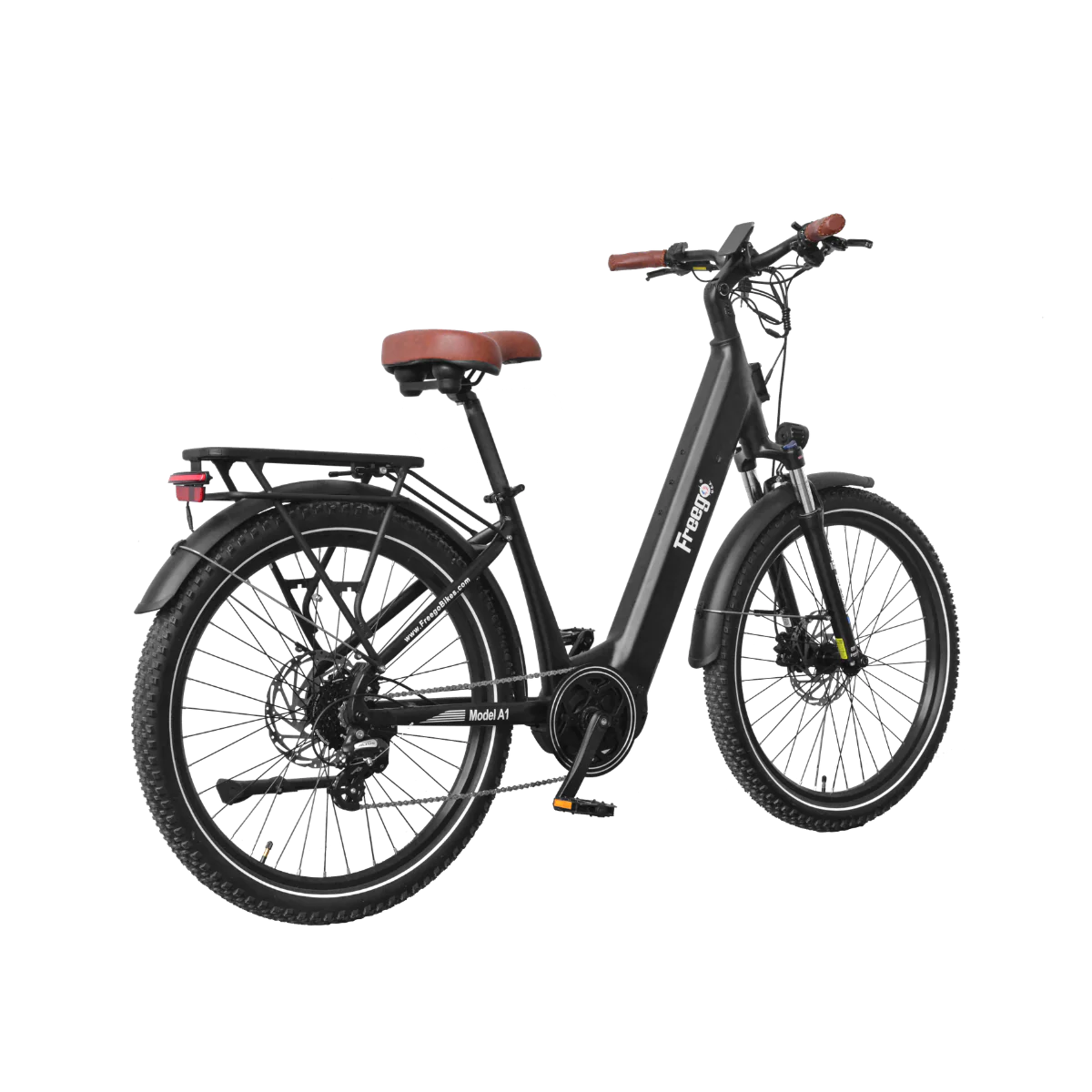 Side view of the Freego City Flow A1 eBike in black, showing its step-through frame, rear rack, and front basket against a white background.