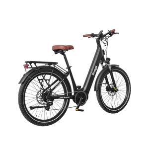 Side view of the Freego City Flow A1 eBike in black, showing its step-through frame, rear rack, and front basket against a white background.