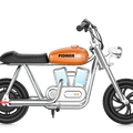 Orange eMOTO Hyper Gogo Pioneer 12 Plus electric bike without training wheels, shown in profile view, with app connectivity features.