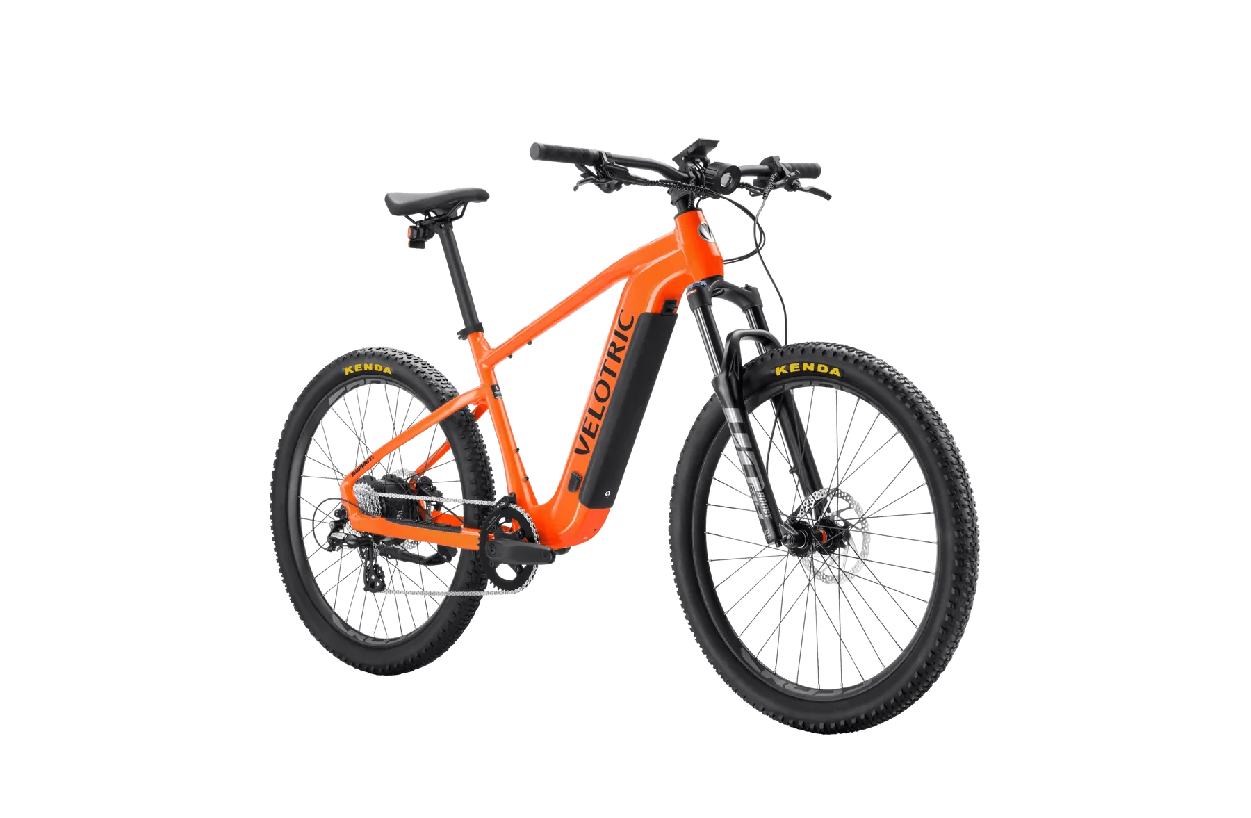 A black Velotric Summit 1 eBike with front suspension, thick all-terrain tires, and a sturdy frame, displayed on a white background.
