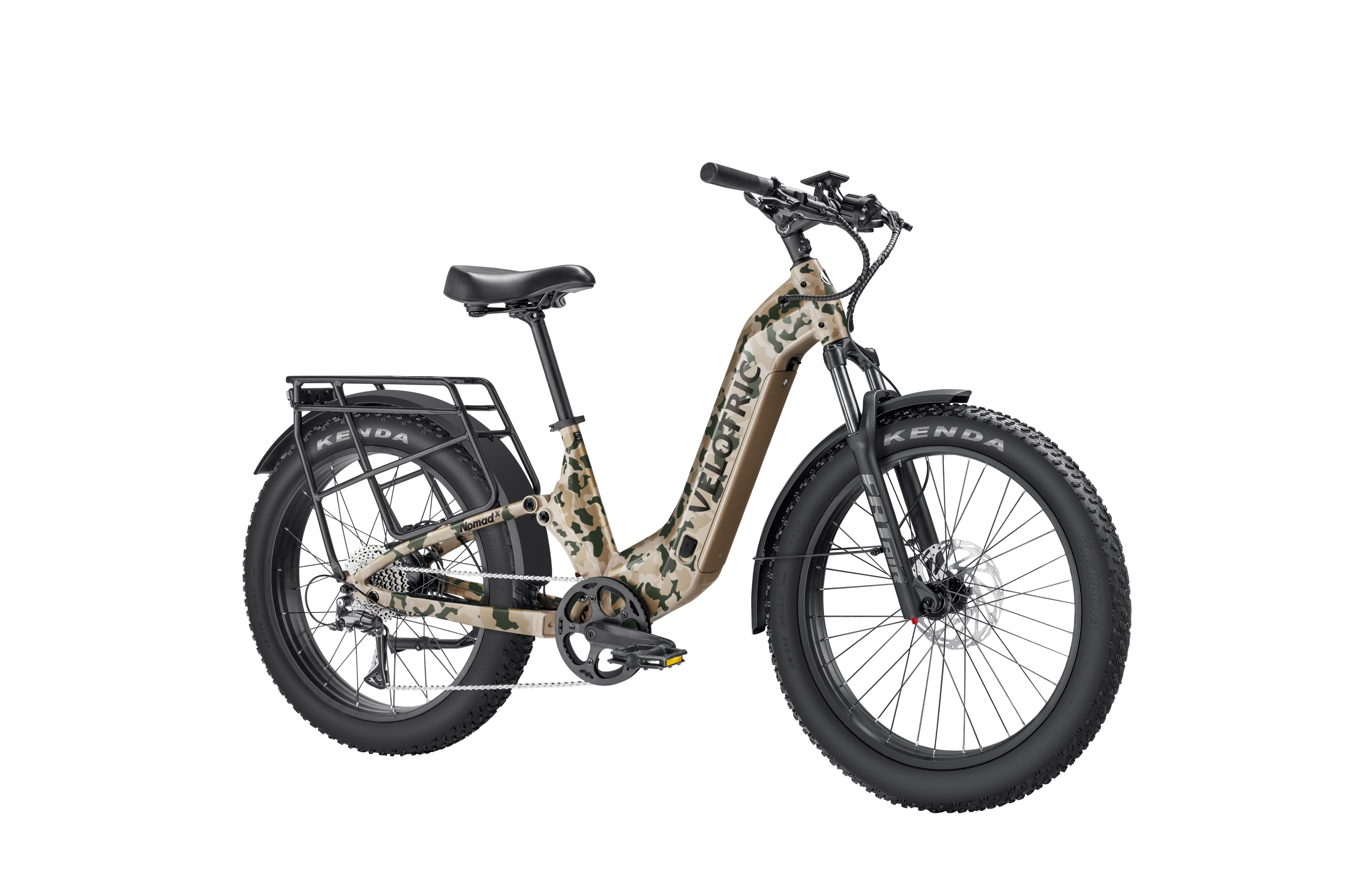 Velotric Nomad 2X Step-Thru eBike in multi-terrain camo color, side view, displayed against a white background