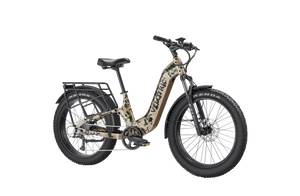 Velotric Nomad 2X Step-Thru eBike in multi-terrain camo color, side view, displayed against a white background