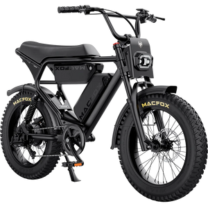 Electric bike Macfox X2 with dual battery and fenders, side view, black frame, outdoors on pavement.