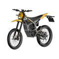 Yellow Freego Nova 5 electric bike, side view, standing on pavement with greenery in the background.