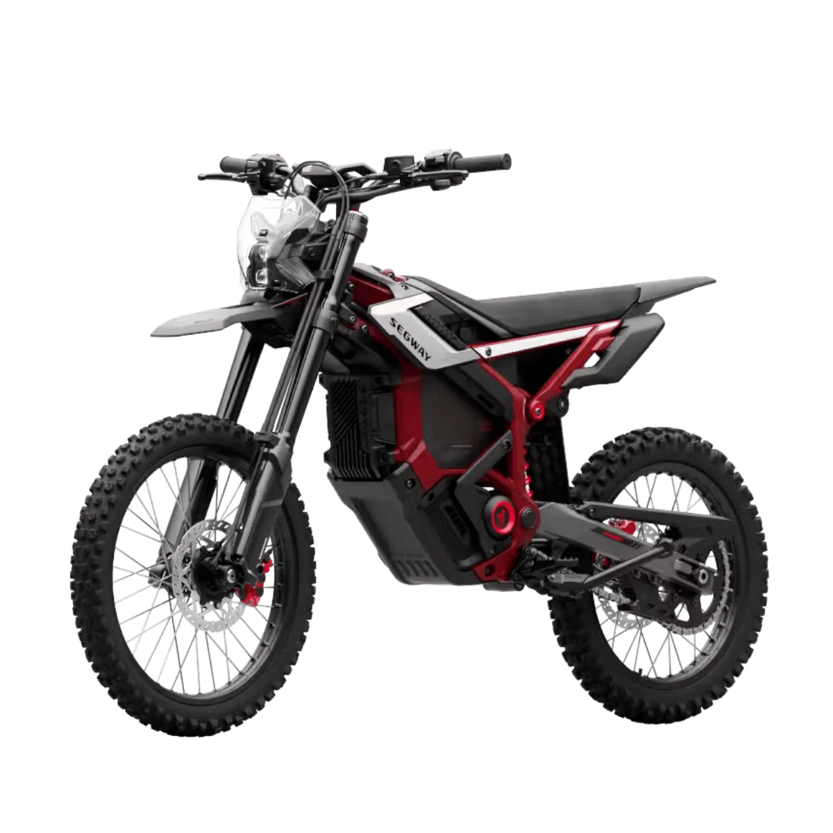 Segway Xaber 300 electric motorcycle in Shred Velvet color, side view, showcasing sleek design and rugged tires.