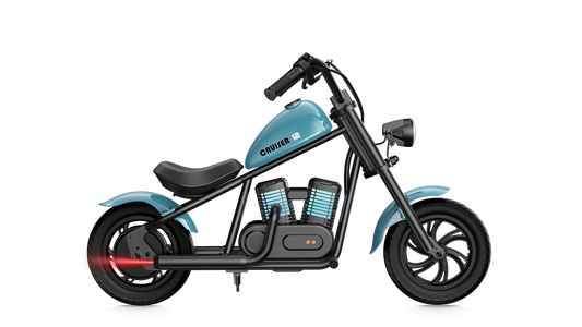 Blue eMOTO Hyper Gogo Cruiser 12 Plus electric bike shown with and without training wheels.