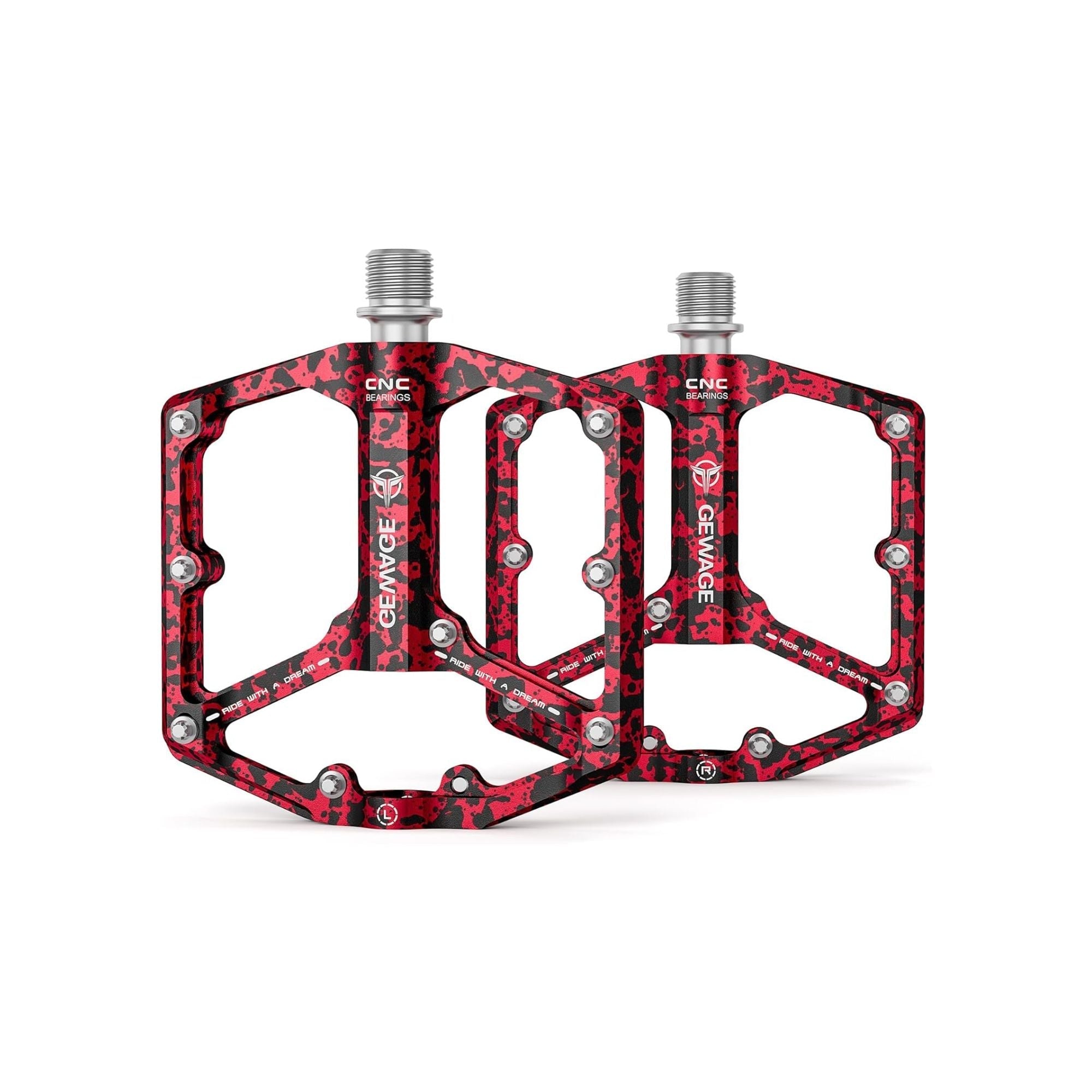 Red alloy bicycle pedals with a red camouflage pattern, shown in product image labeled "Red 9"