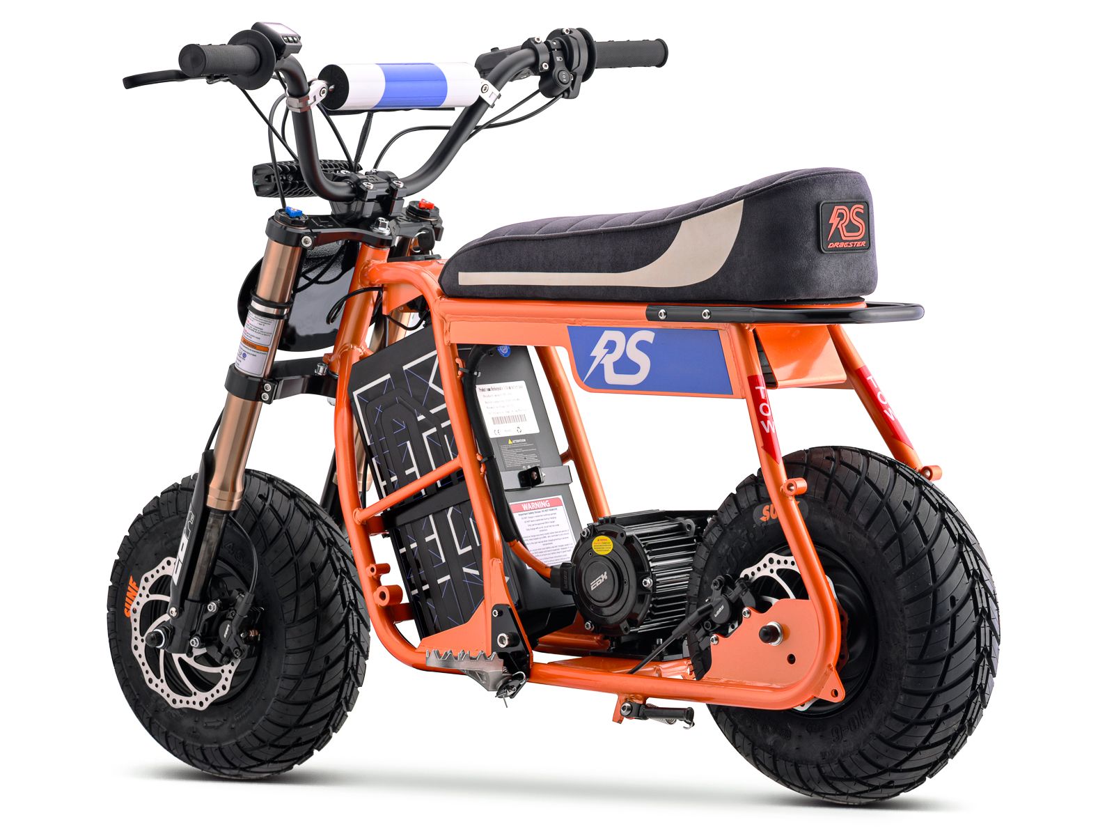 Side view of the eMOTO Stomp Ebox Dragster RS electric dirt bike, showcasing its rugged tires, sturdy frame, and modern design against a plain background.