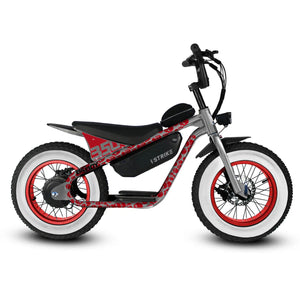 Side view of the eMOTO eBike Strike Big Boy in black, showcasing its sturdy frame, thick tires, and ergonomic seat against a plain background.