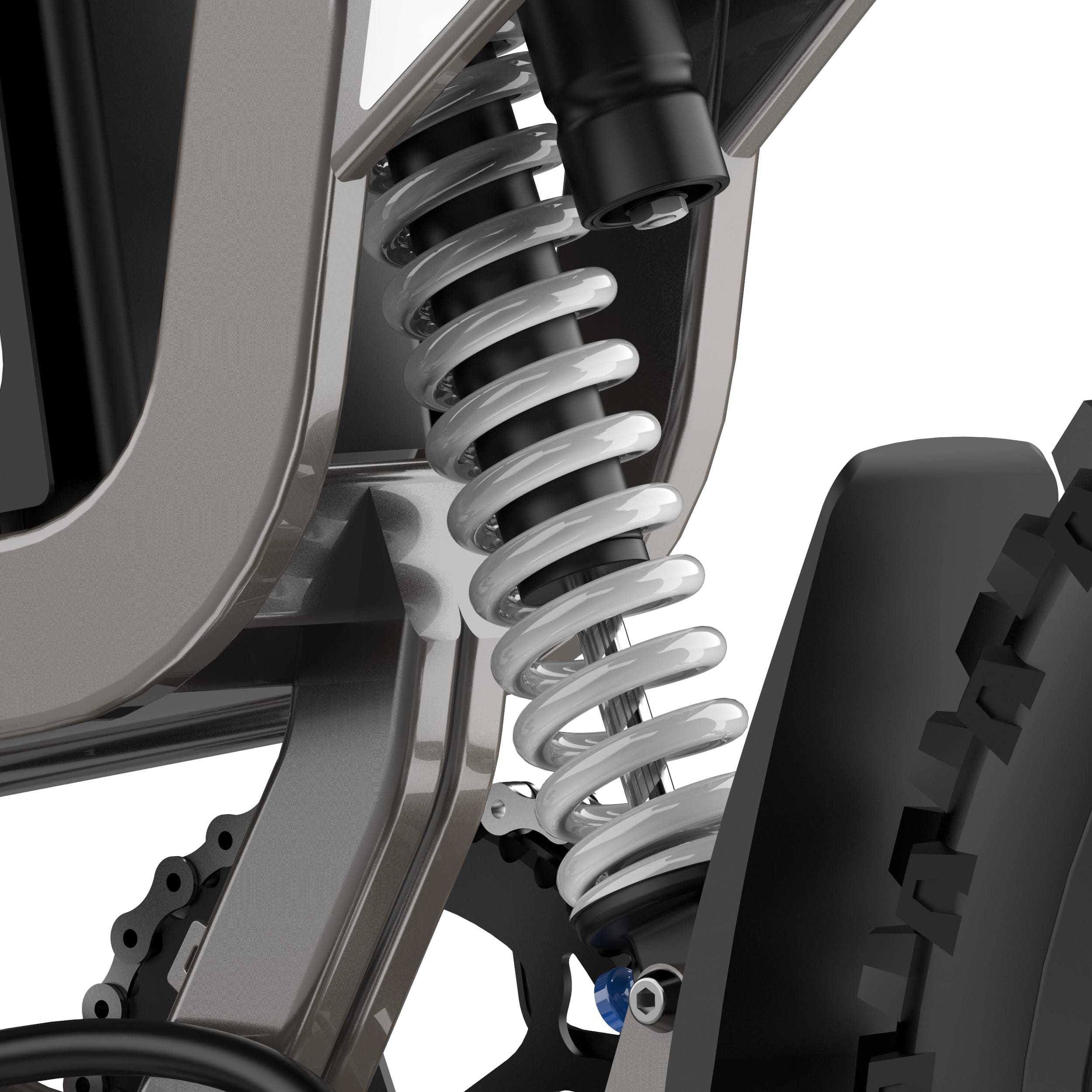 Rear shock absorber for R19 model, black and silver, cylindrical with mounting brackets on both ends, photographed against a plain background.