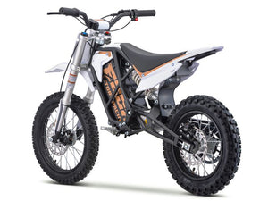 eMOTO EBOX2 V2 Stomp EBOX electric pit bike, 60V 2000W, off-road motocross e-bike for kids, side view, black and green design