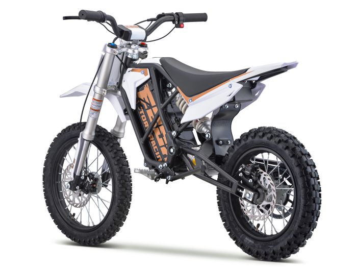 eMOTO EBOX2 V2 Stomp EBOX electric pit bike, 60V 2000W, off-road motocross e-bike for kids, side view, black and green design