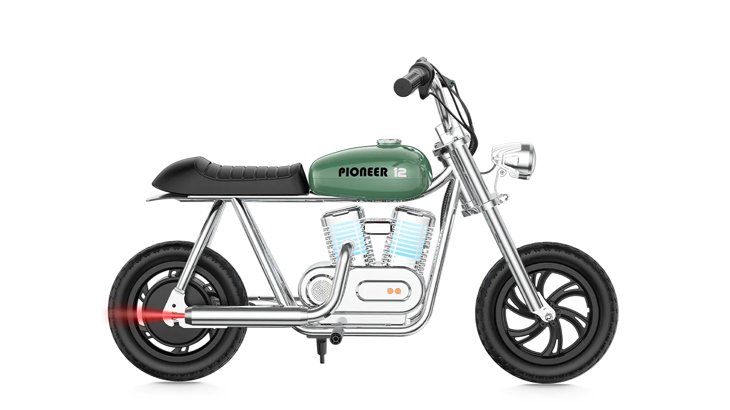 Green eMOTO Hyper Gogo Pioneer 12 Plus electric bike without training wheels, product image, app-enabled model