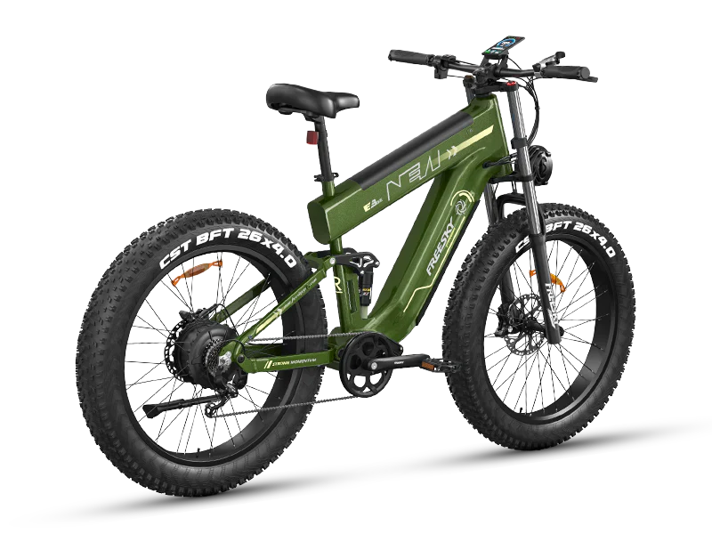 Side view of the Freesky Alaska Pro M-520 eBike in black, showing its fat tires, front suspension fork, and battery integrated into the frame.