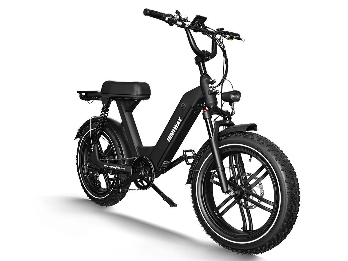 Side view of the Himiway Escape Pro eBike in black, showcasing its fat tires, step-thru frame, rear rack, and front suspension fork against a white background.