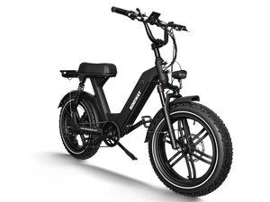 Side view of the Himiway Escape Pro eBike in black, showcasing its fat tires, step-thru frame, rear rack, and front suspension fork against a white background.