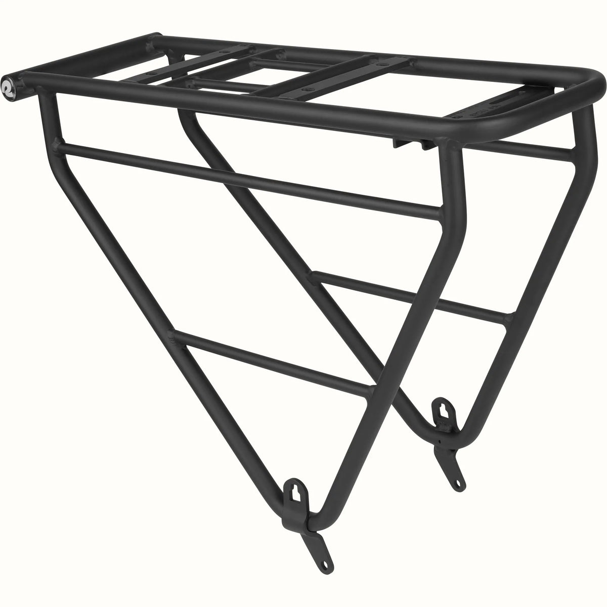 Black Retrospec Haul rear bike rack mounted on a bicycle, shown from a side angle against a white background.