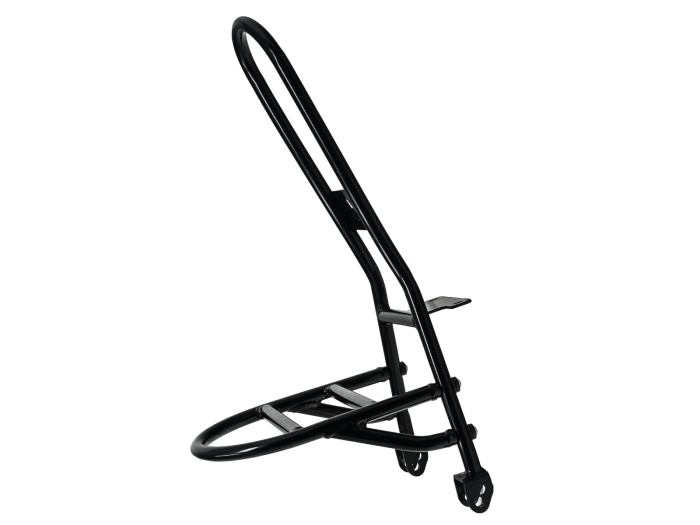 Stomp Ebox Dragster motorcycle with attached sissy bar and rear luggage rack, side view on white background