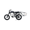 Side view of the Super73 MBB shortboard surf rack mounted on an electric bike, showing the rack's sturdy metal frame and attachment points.