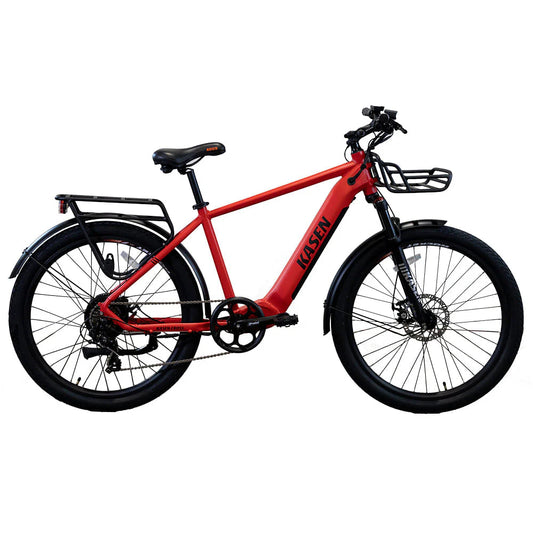 Red KASEN Cross 500W Step Over Urban Electric Bike with 27.5x2.4 tires, parked on a city street.