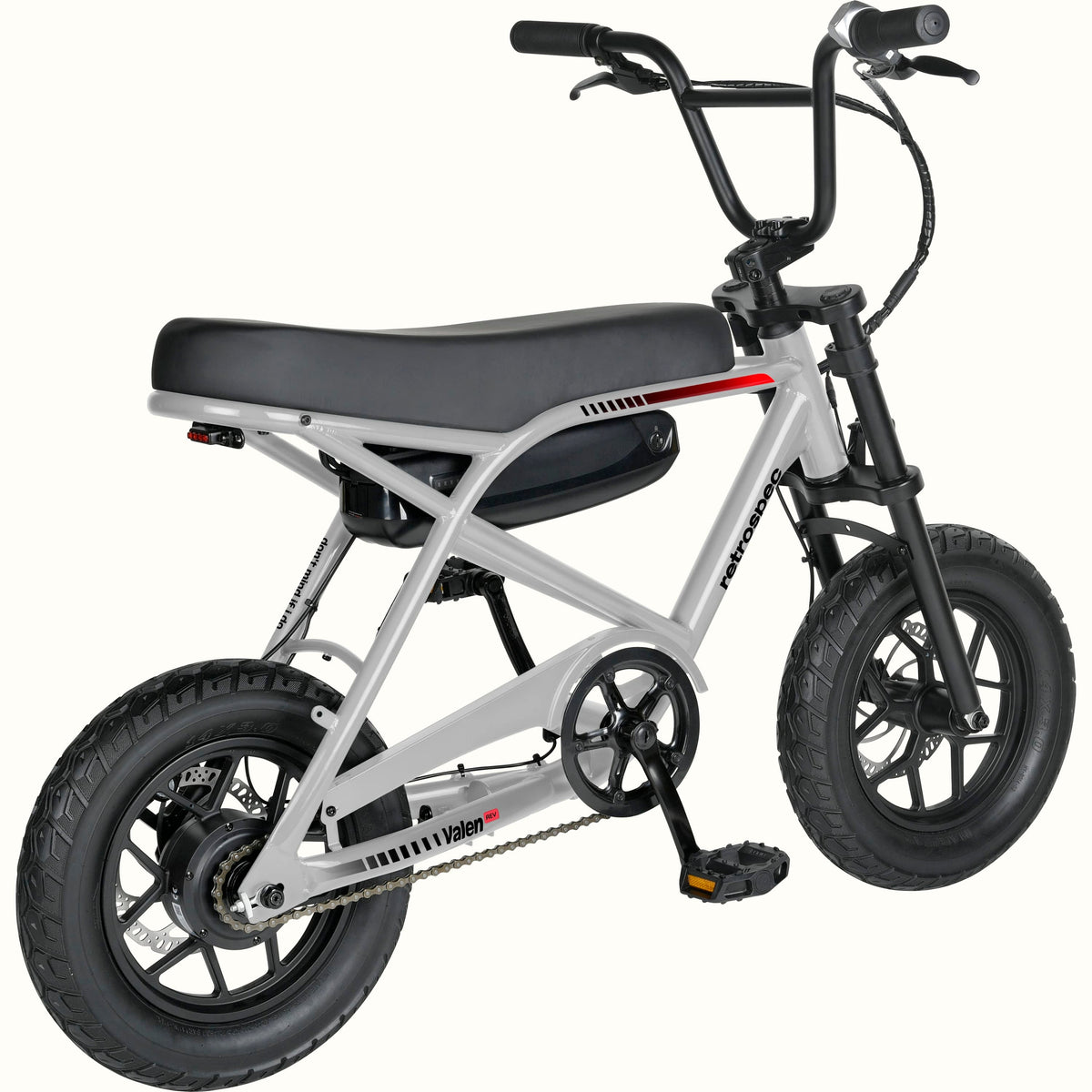 Retrospec Valen Rev 14 electric bike in slate gray, side view, showing step-through frame, black tires, and rear cargo rack