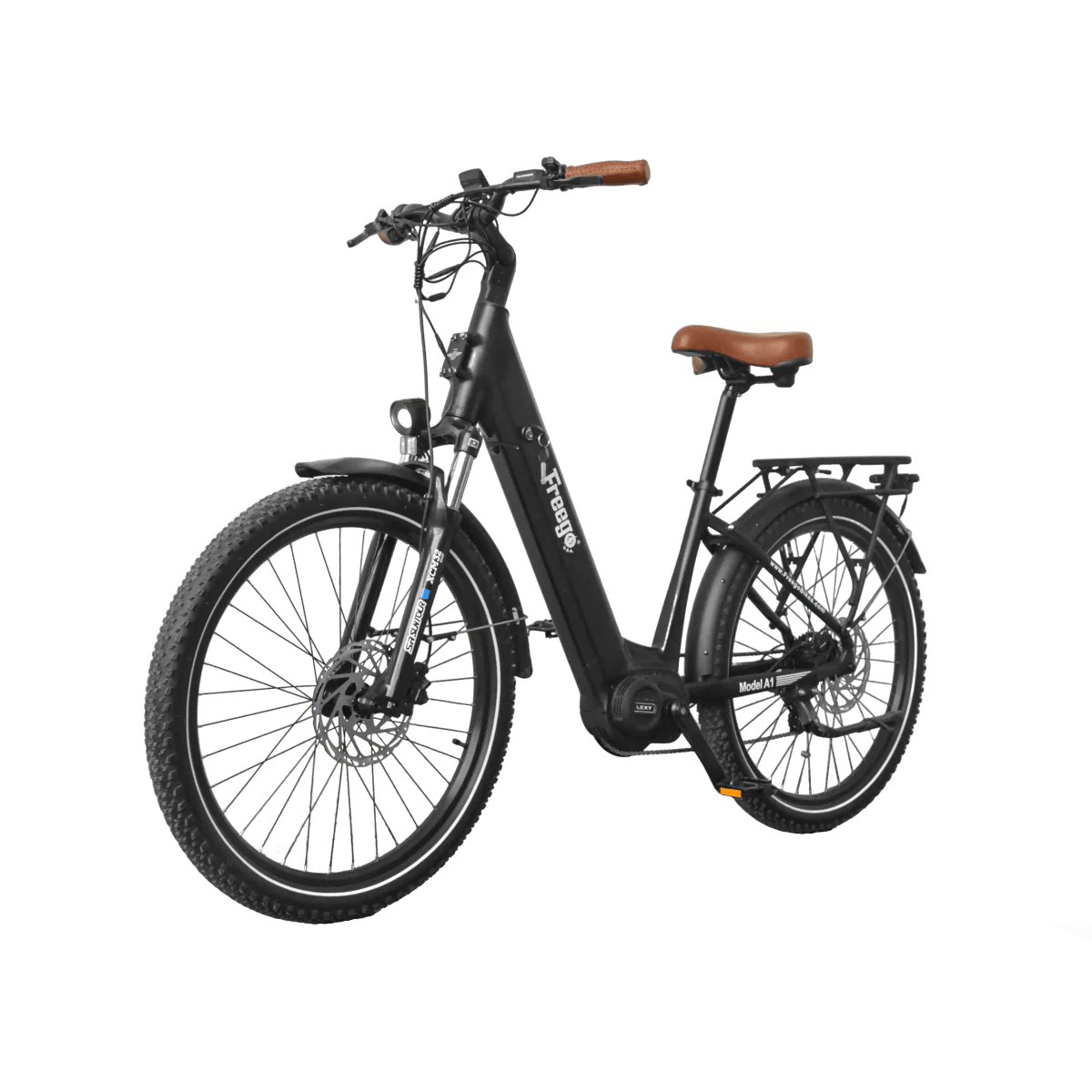 A black Freego City Flow A1 eBike with a step-through frame, front basket, and rear rack, displayed on a white background.