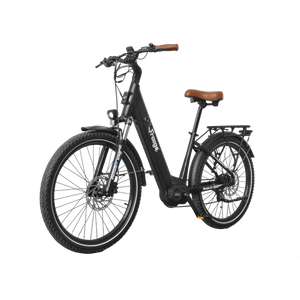 A black Freego City Flow A1 eBike with a step-through frame, front basket, and rear rack, displayed on a white background.