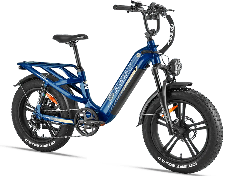 A black Freesky Rocky Pro A-320 electric mountain bike with fat tires, front suspension, and a rear rack, displayed on a white background.