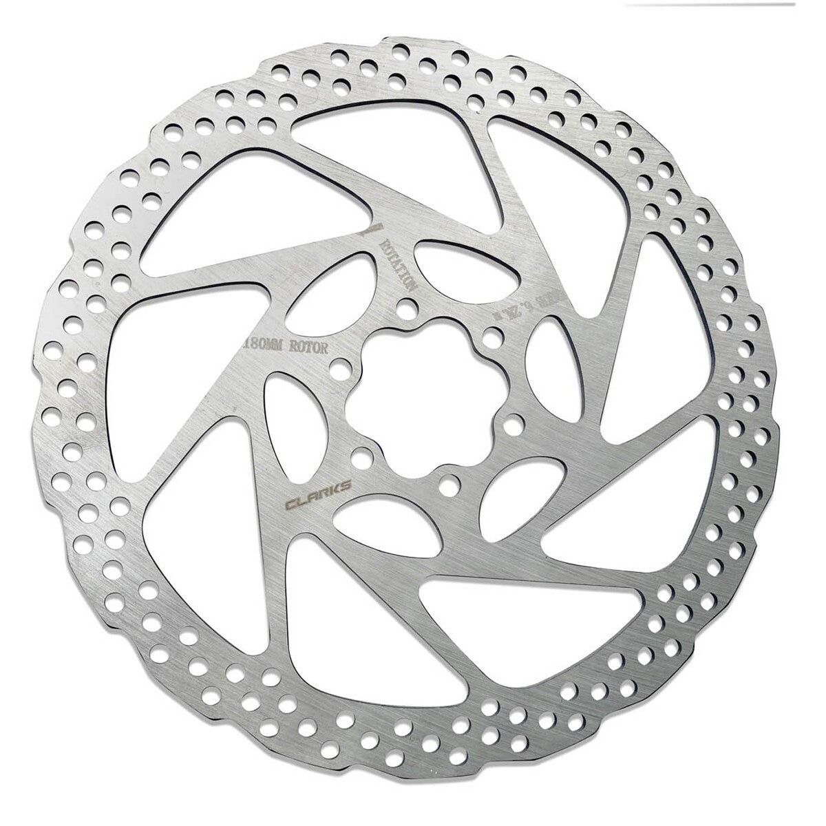 A 180mm bicycle disc brake rotor with multiple cutouts for heat dissipation and weight reduction, designed for improved braking performance.