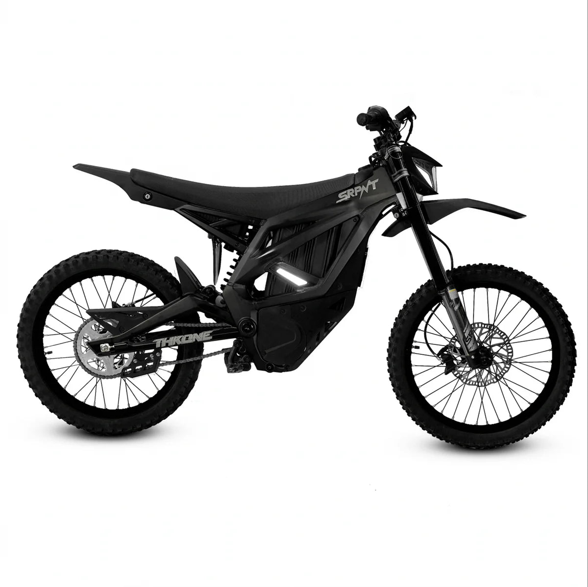 Black eMOTO Strike SRPNT X3 electric motorcycle, side view, on a plain background
