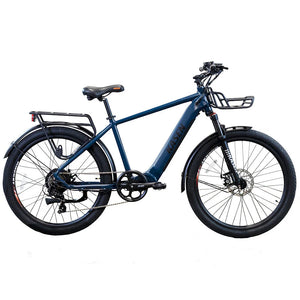 Blue Kasen Cross eBike side view, showcasing frame design, wheels, and handlebars against a plain background.