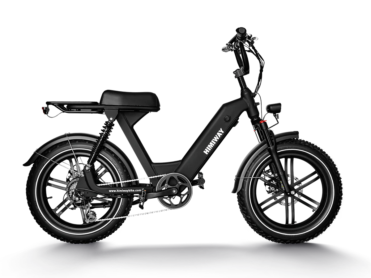HIMIWAY Escape Pro 750W Step-Thru e-bike with 20x4 fat tires, electric moto-style design, black frame, and rear rack