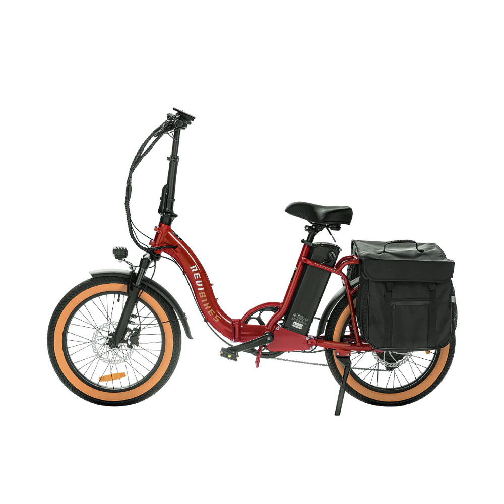 Red eBike Revi Rebel.2 electric bicycle, side view, showcasing frame design and battery placement