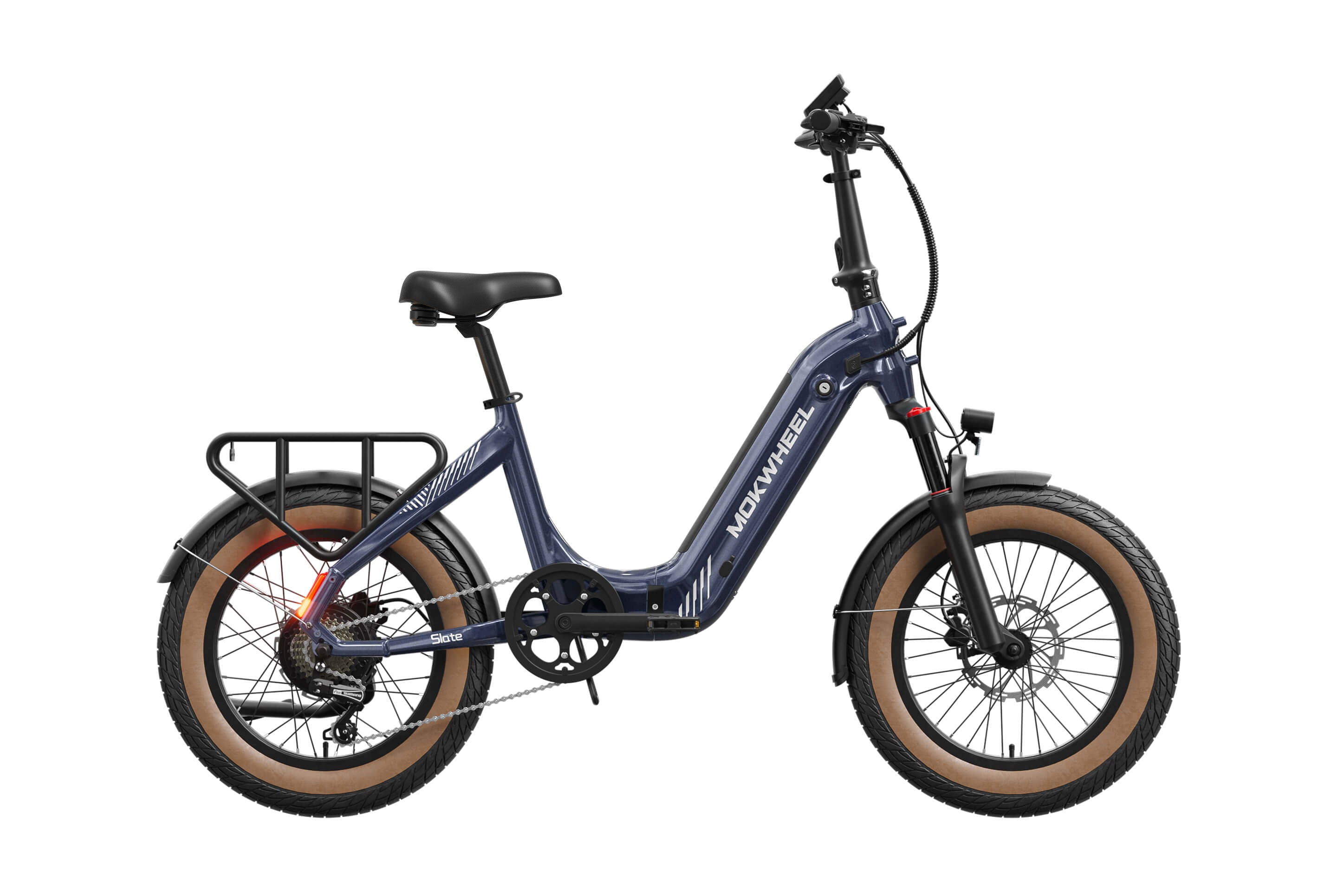 Mokwheel Slate eBike in Denim color, side view, showcasing frame design, wheels, and battery placement