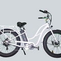 White eBike Driven HD Rocket Step Thru electric bicycle, side view, on a plain background