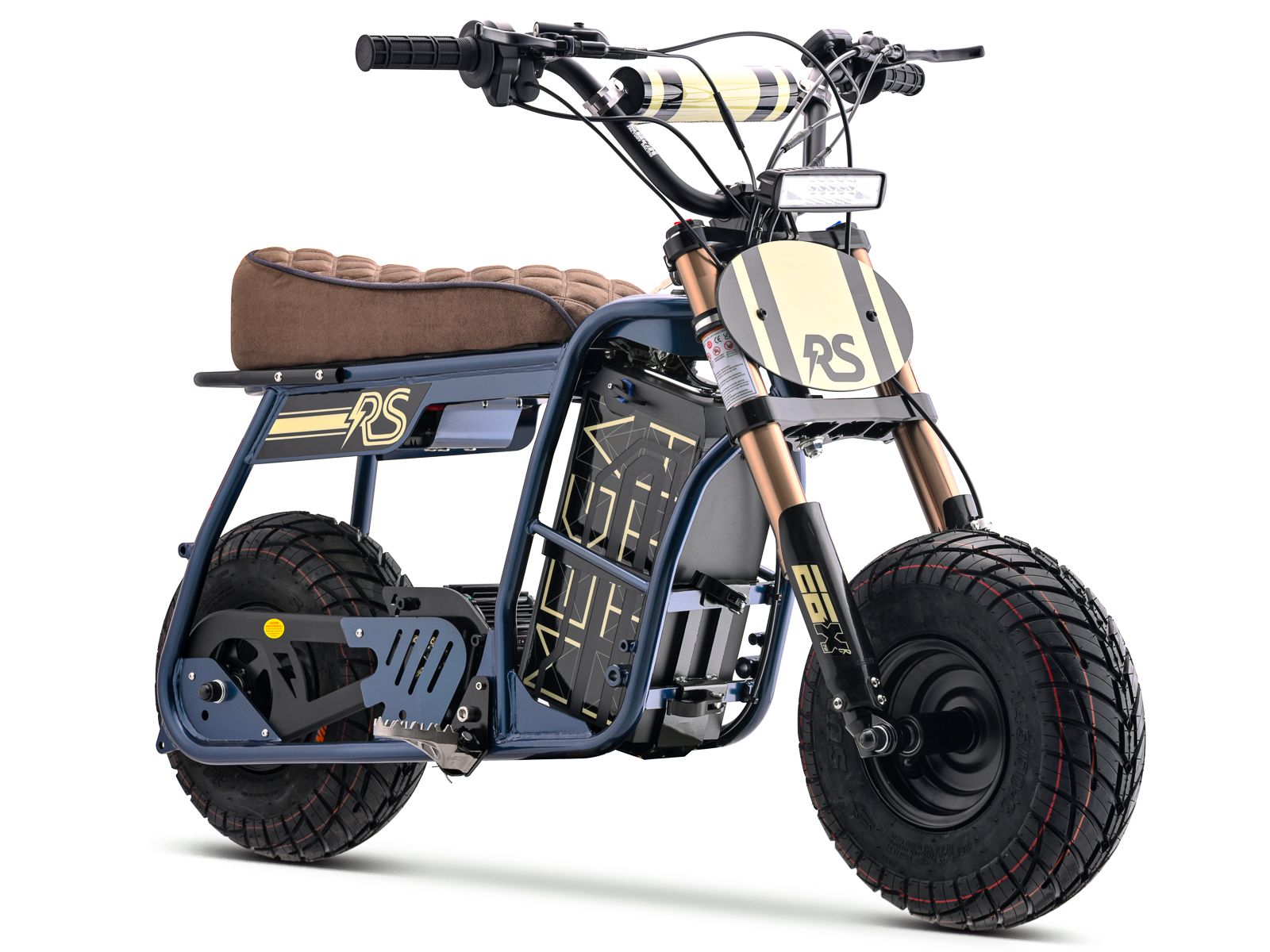 Side view of the eMOTO Stomp Ebox Dragster RS electric dirt bike in black and green, displayed on a white background.