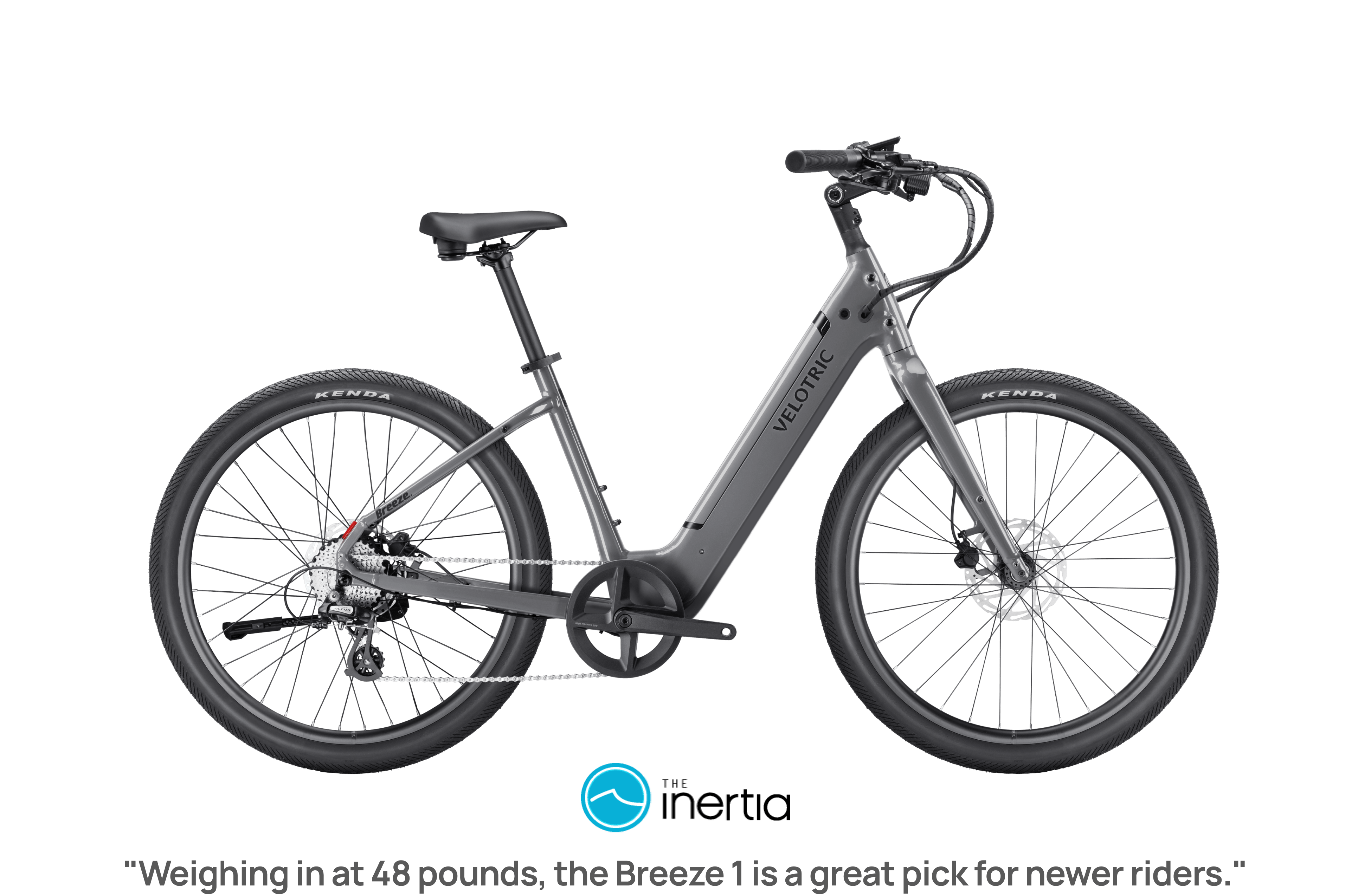 Slate gray Velotric Breeze 1 eBike side view, showcasing frame design, wheels, and handlebars against a plain background.