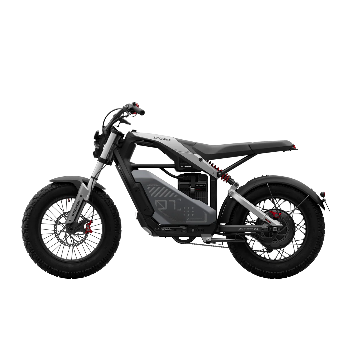 Side view of the eMOTO Segway Xyber electric bike in an outdoor setting, showcasing its rugged tires, sturdy frame, and modern design features.