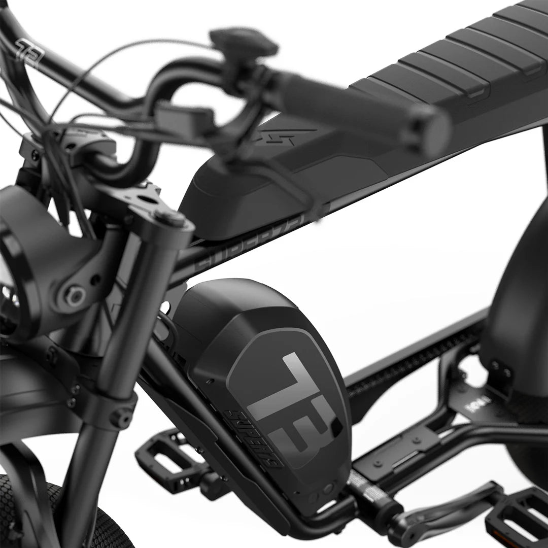 Side view of the Super73 S2 SE electric bike in black, showing its thick tires, long seat, and minimalist frame design against a plain background.
