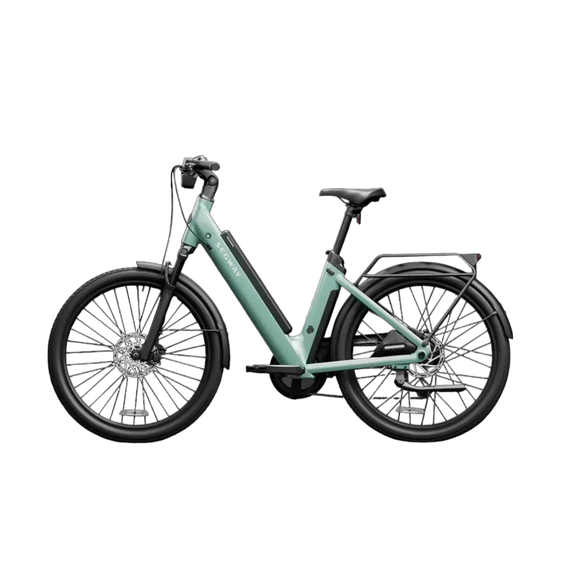Green Segway Myon eBike, side view, showcasing sleek frame and modern design