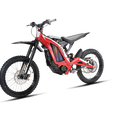 Red eMOTO Surron Light Bee S electric dirt bike, side view, on a white background