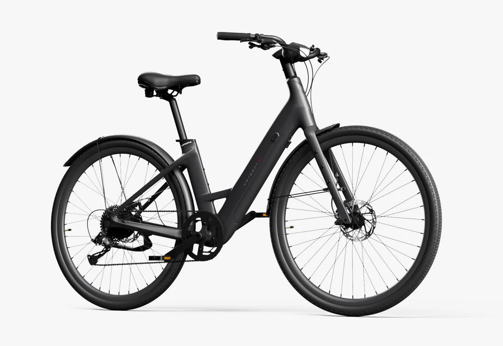 Matte black Urtopia Carbon 1 Step Thru eBike side view, showcasing lightweight carbon frame and step-through design
