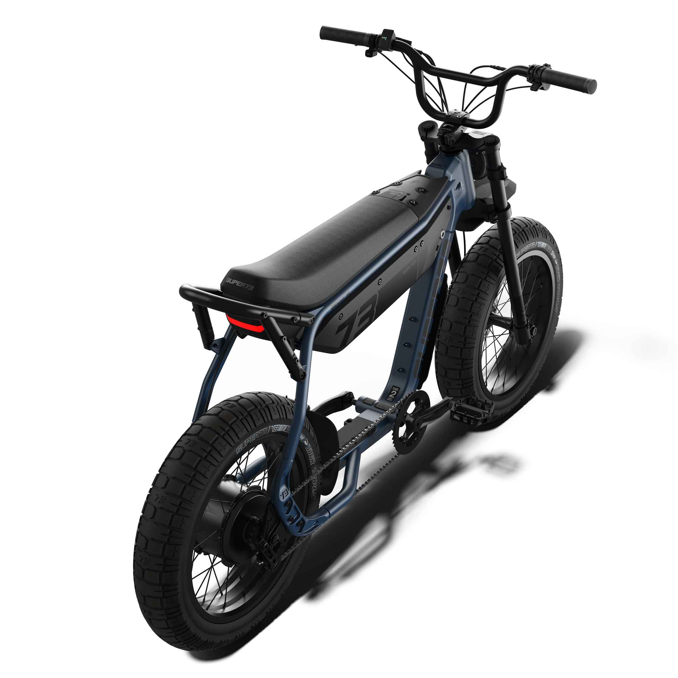 Super73 B1G eMOTO eBike in black, displayed in-store, side view showing thick tires and retro design