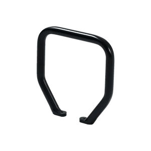 Black motorcycle seat with attached passenger backrest, designed for comfort and support, shown against a plain background.