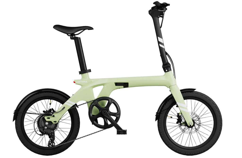 Lime green Urtopia Carbon Fold 1 eBike, folded, side view, against a plain background